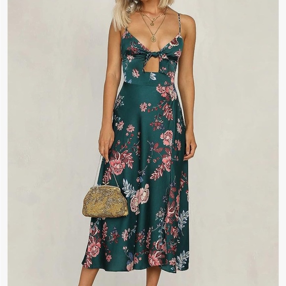 Women’s spaghetti strap midi satin dress with tie front and slit - Picture 2 of 7